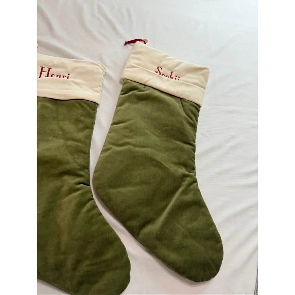 Pottery Barn Classic Med Green Ivory Velvet Christmas Stocking Mono Pick One